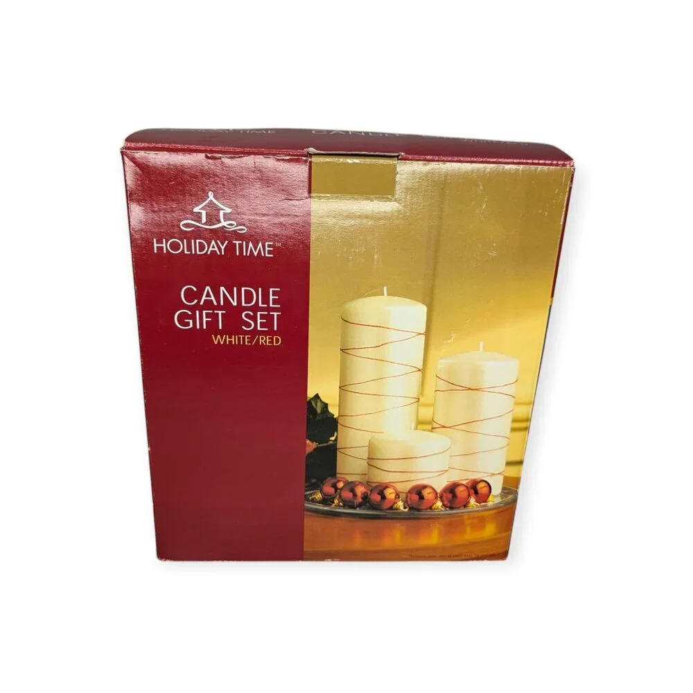 Holiday Time Pillar Candle Gift Set White/Red NIB